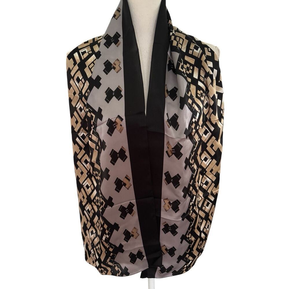 Anne Klein Vintage Silk Rectangle Wrap Scarf Black Tan Gray Geometric 63 X 14”